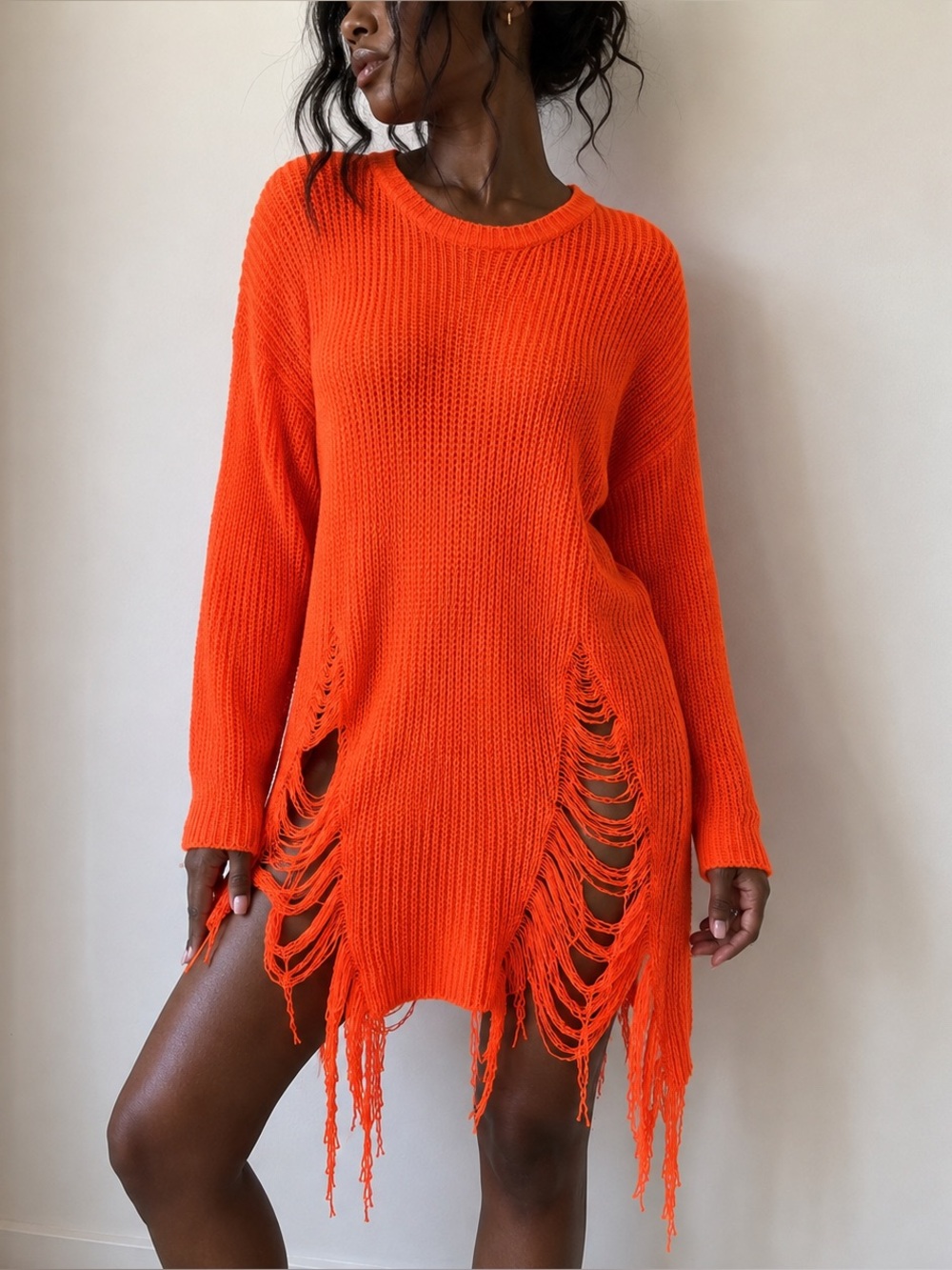 SHEIN Orange Sweater Distressed Fringe Hem Large Streetwear Festival Edgy
